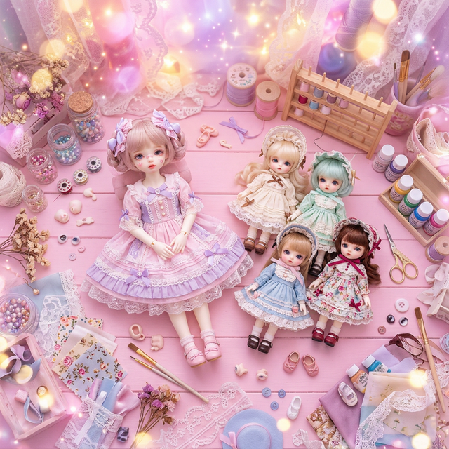 Beautiful BJD dolls with handmade outfits and crafting supplies